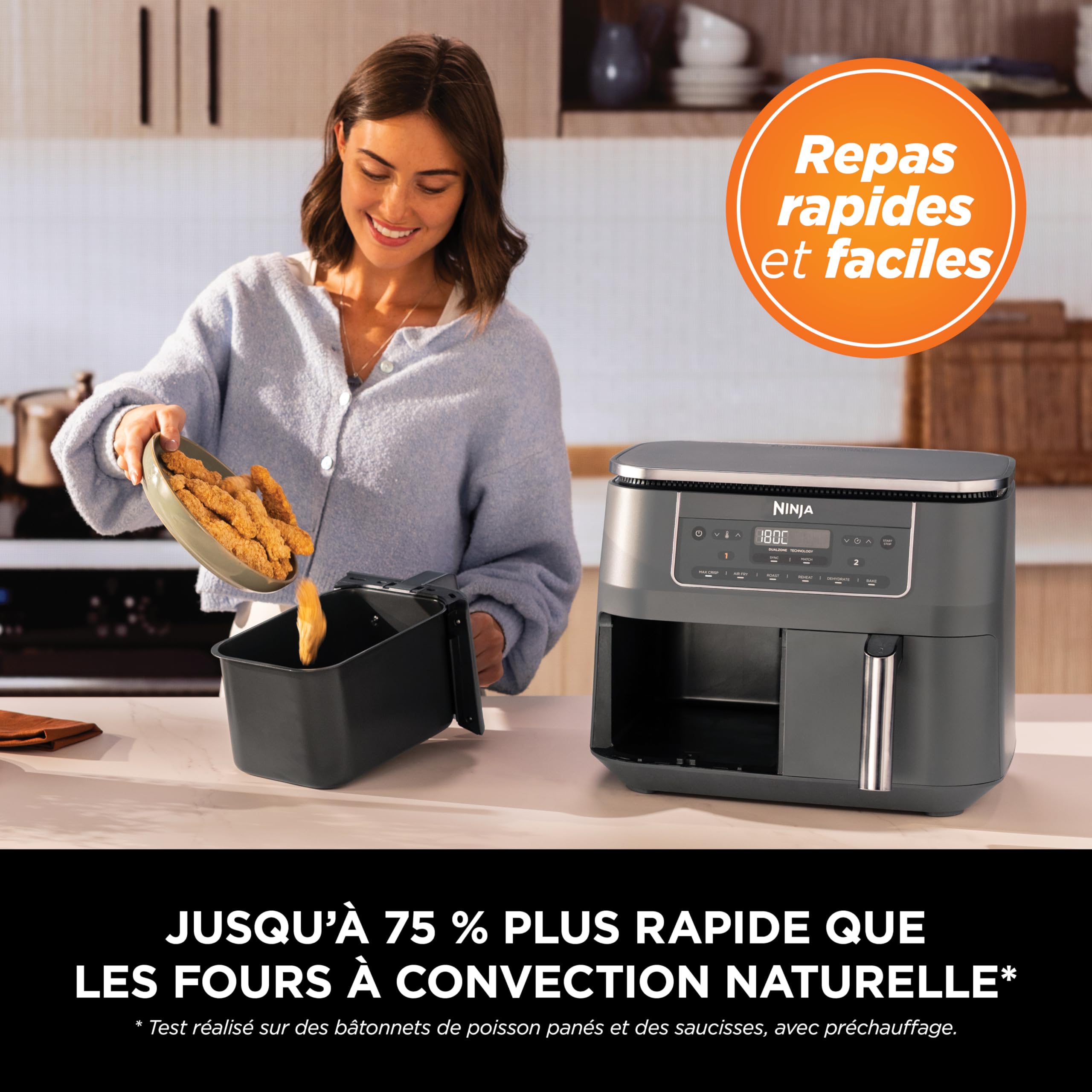 Ninja Air Fryer Dual Zone numérique, Friteuse à air électrique, 2 compartiments, 7,6 L, 6-en-1, Friteuse sans huile, Croustillant max, Rôtir, Cuire au four, Déshydrater, Réchauffer, Gris métal DZ300EU