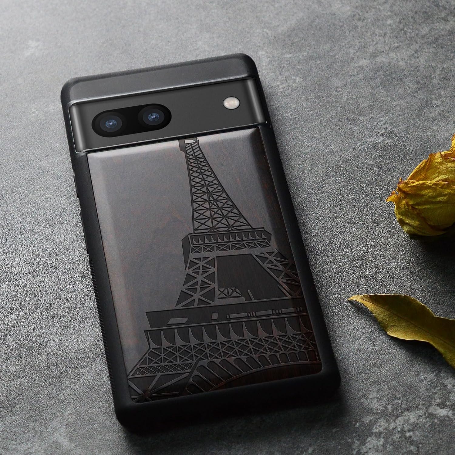 Carveit Wood Case for Pixel 8a Case [Natural Wood & Black Soft TPU] Shockproof Protective Unique Wooden Cover Compatible with Google Pixel 8a (Eiffel Tower-Blackwood)