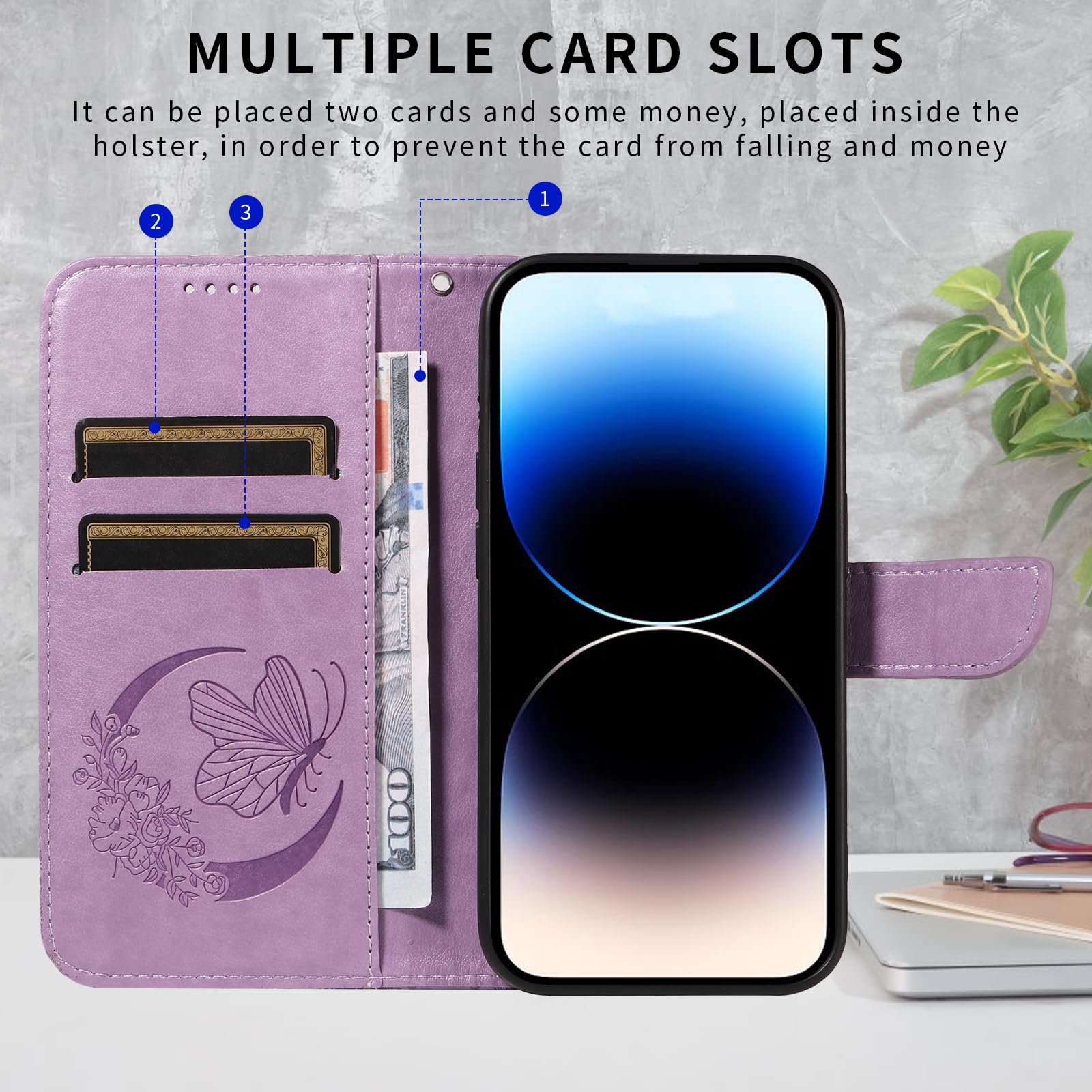 Wuhaizher iPhone 14 Case Butterfly Shockproof Leather Flip Folio Wallet Phone Case for Girly Women with Stand Card Holder Slots Silicone Bumper Cover for iPhone 14 - Image 3
