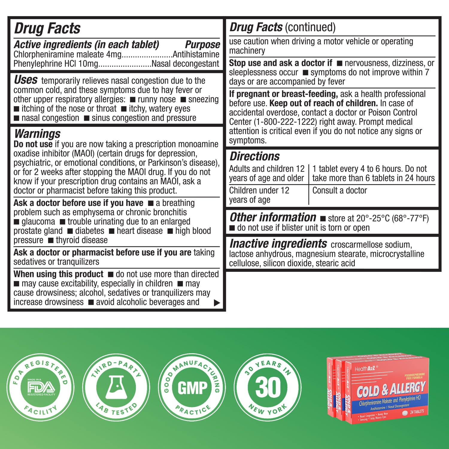 HealthA2Z Cold & Allergy Relief, Chlorpheniramine Maleate & Phenylephrine HCL, Dye Free, 24 Tablets x 3pack (72 Tablets) — Amazon image 4