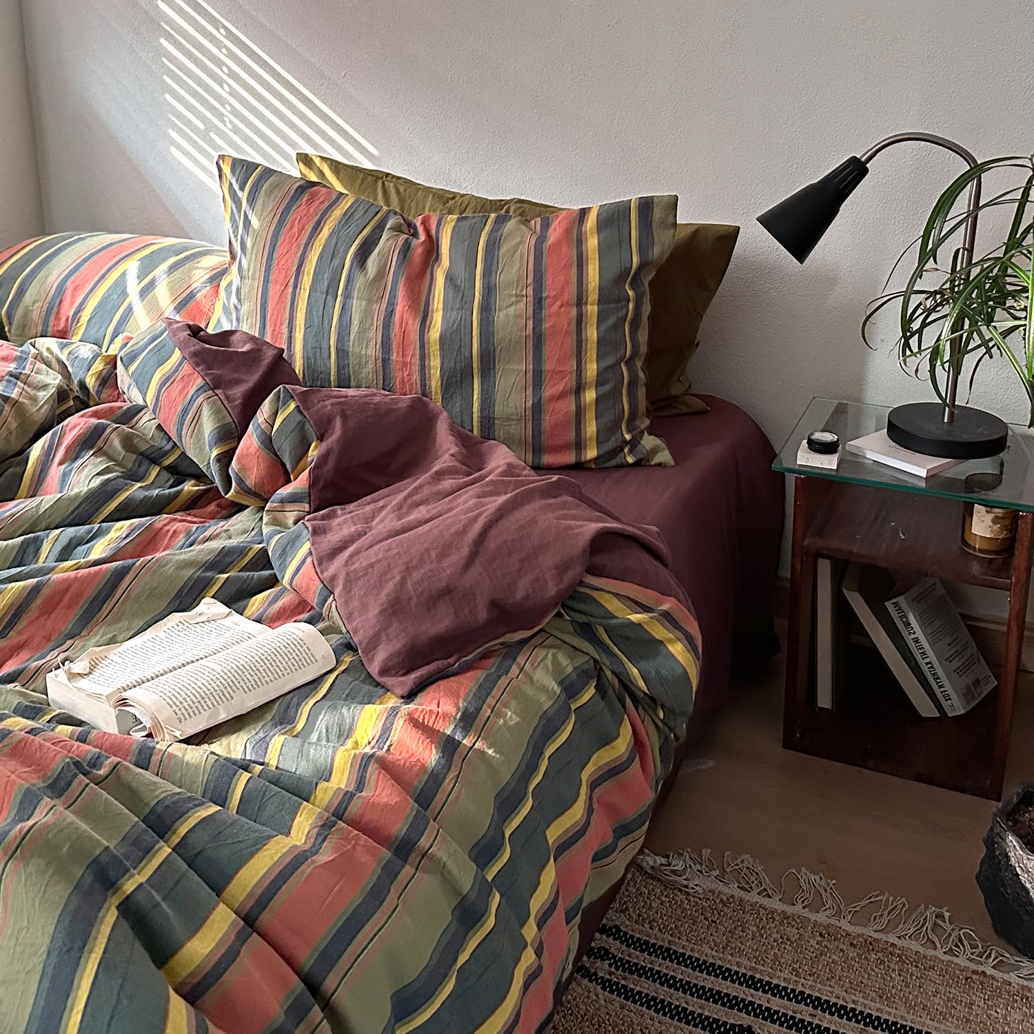 VM VOUGEMARKET Multicolor Striped Duvet Cover Queen Size Washed Cotton Stripes Bedding Duvet Cover Set - Cozy Boho Stylish Bedding Set for Men & Women