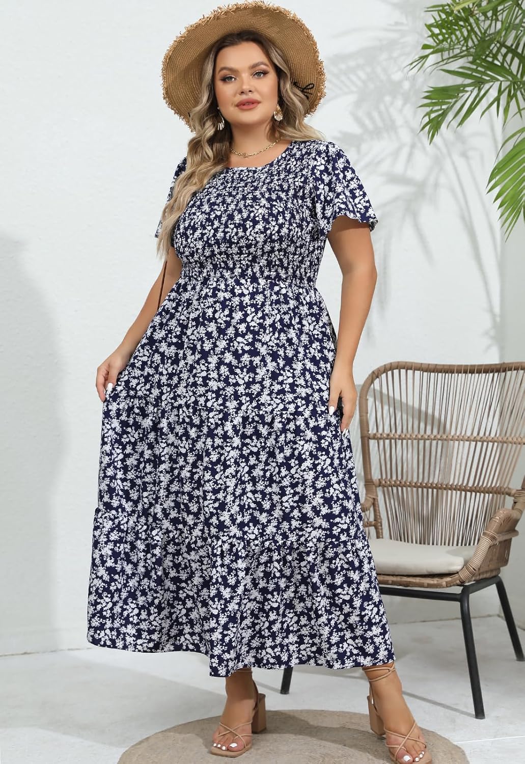 Womens Plus Size Long Maxi Dress with Pockets Floral Smocking Flutter Sleeves Tiered Layers Casual Dresses - Image 6