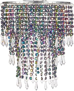 Waneway Acrylic Chandelier Shade, Ceiling Light Shade Beaded Pendant Lampshade with Crystal Beads and Chrome Frame for Bedroom, Wedding or Party Decoration, Diameter 8.7 inches, 3 Tiers, Multicolor