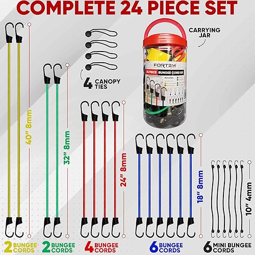 Miniatura 8 de Cuerdas de bungee surtidas de calidad superior, 24piezas con cuerdas de cubierta y red de carga adicional por FORTEM, ganchos de metal con
