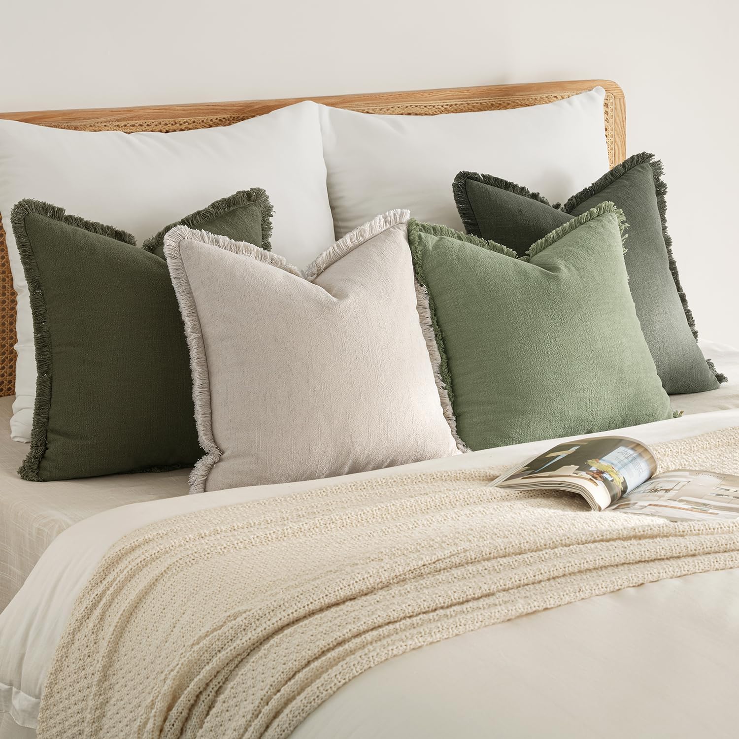 MIULEE Decorative Couch Pillow Covers Neutral Linen Fringe Throw Pillows Set of 4 Boho Farmhouse Accent Cushions for Bed Sofa Living Room Spring Home Decor 18x18 Inch Beige/Sage Green - Image 5