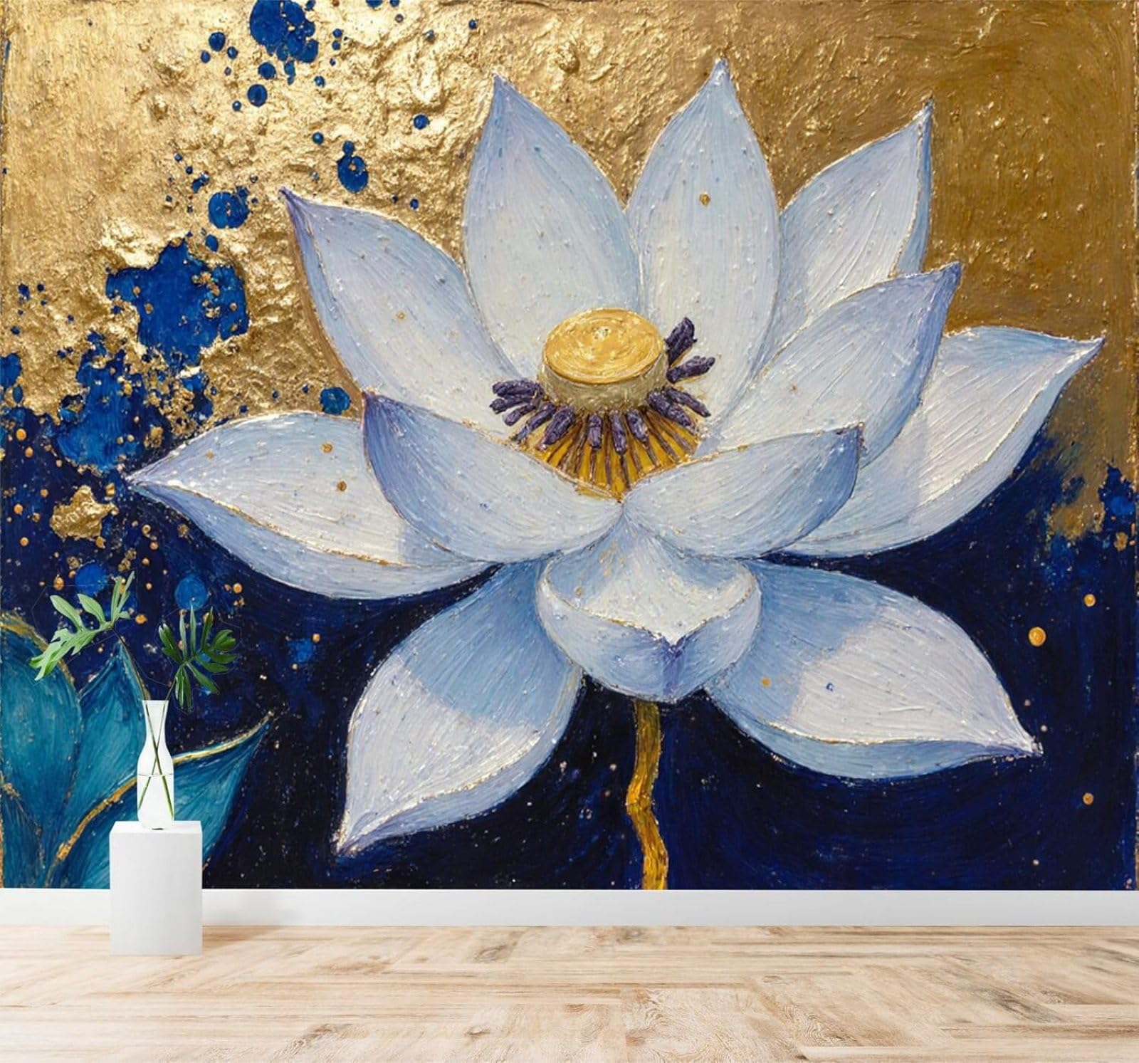 XLMING Hand Drawn White Lotus Abstract Gold Blue Background 3D Wallpaper Silky Texture Home Study Office Grey Dining Room Sofa Bedroom Living Room TV Backdrop-250cm×170cm