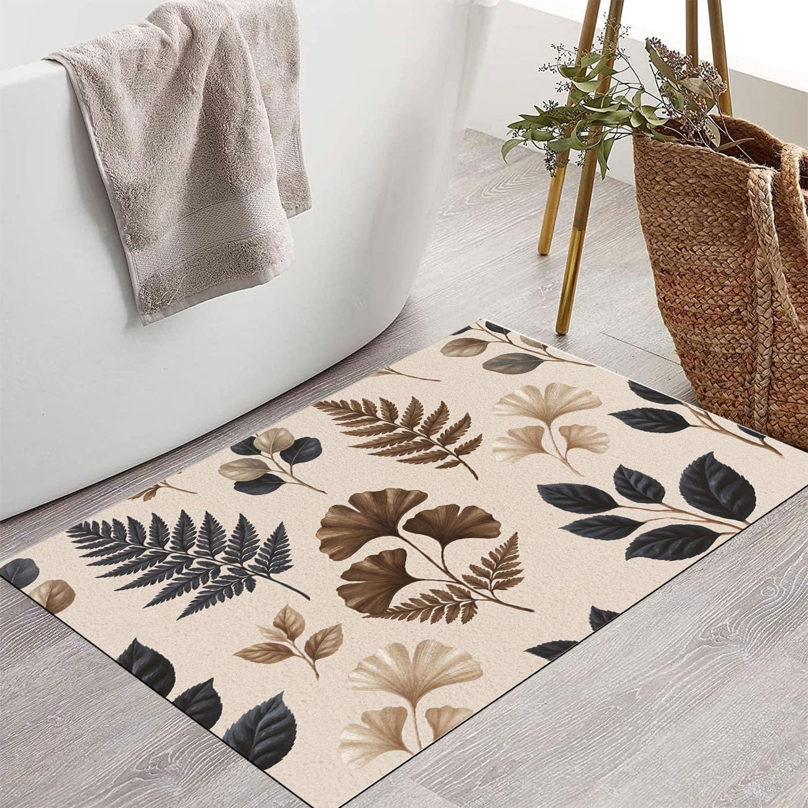 Böhmisches Blatt-Poster Fußmatte Innen Waschbar 90X150Cm, rutschfest Fußmatte, Dünn Schmutzfangmatte, Elegante Landpflanzen Eingangsteppich Mit Wasserabsorbierenden Für Hund, Beige