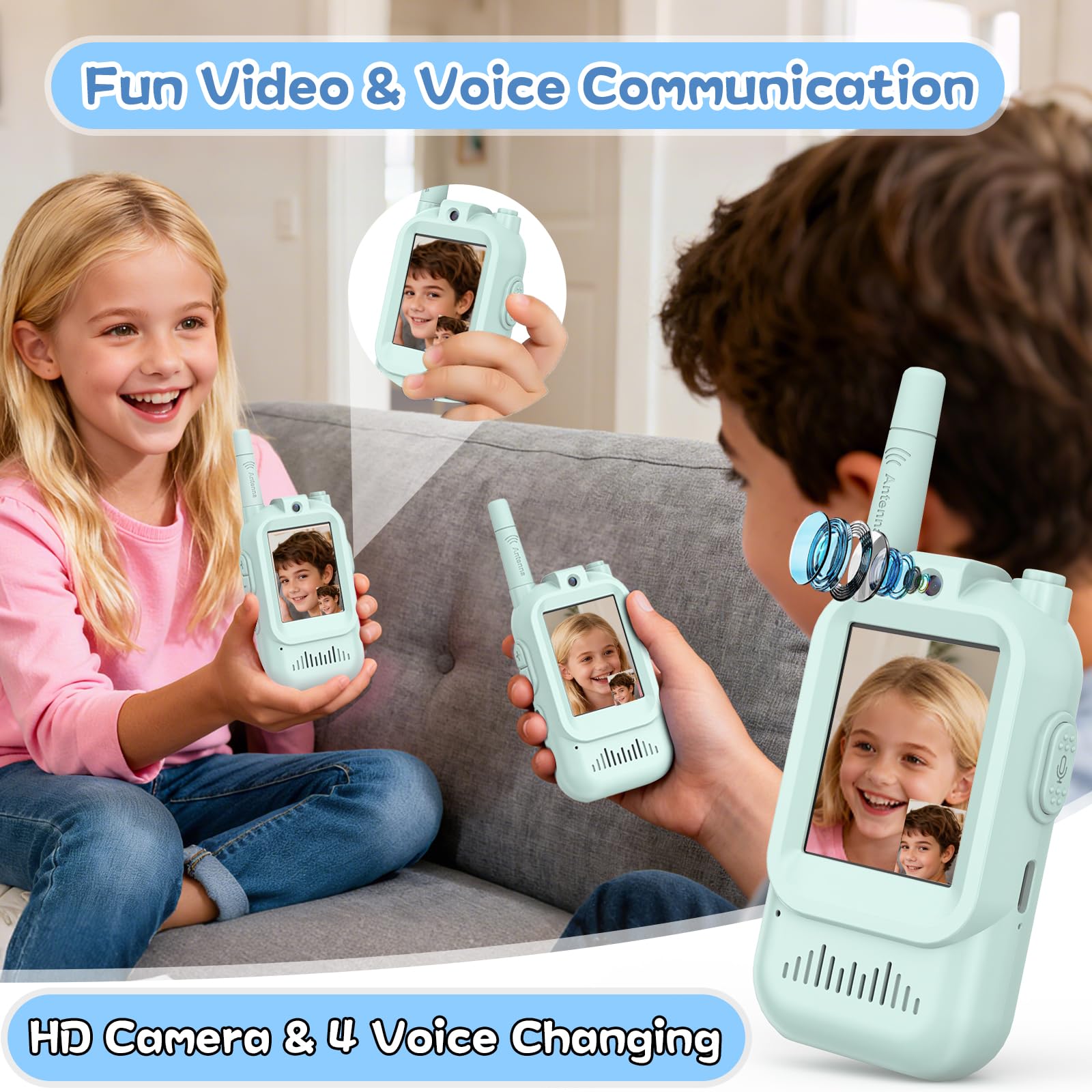Video Walkie Talkie Bambini, Set da 2 Dispositivi Ricaricabili con Interfono Video, Giochi per Interni ed Esterni per Attività in Famiglia, Campeggio per Ragazzo e Ragazza dai 3 ai 12 Anni (Verde)