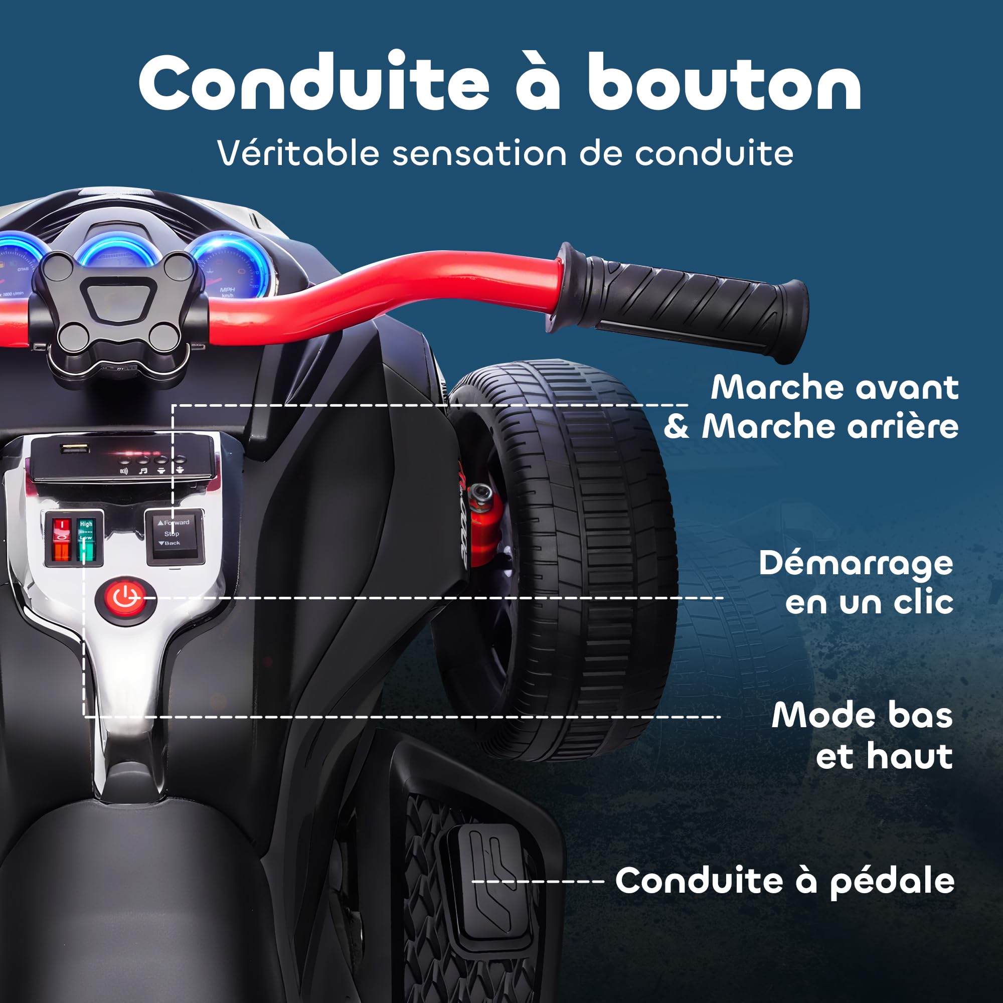 AIYAPLAY Quad électrique Enfants 12V, Design Tricycle inversé, Voiture électrique Enfants 2 Moteurs, Lecteur MP3, klaxon, 2 Vitesses, phares LED, Cadeau pour garçons et Filles âgés de 3 à 8 Ans, Noir