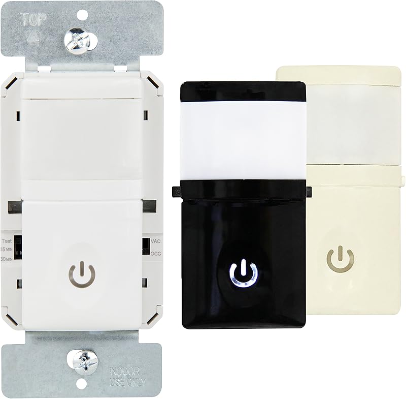 Motion Sensor Switch with LED Backlight, PIR Sensor, Motion Sensor Closet Light, 500W, 4A, Neutral Wire Required, HMOS | PIR Sensor Switch, Motion Sensor Closet Light, 500W, 4A, Includes White/Light Almond/Black Wall Plate, UL Listed, HMOS