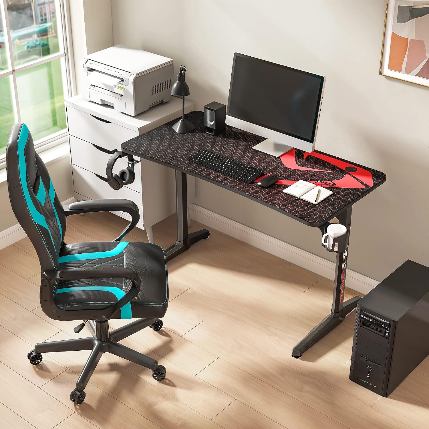 It's_Organized 47 inch Gaming Desk Racing Style Computer Desk with Free Mouse pad, T-Shaped Professional Gamer Game Station with USB Gaming Handle Rack, Cup Holder & Headphone Hook,Black