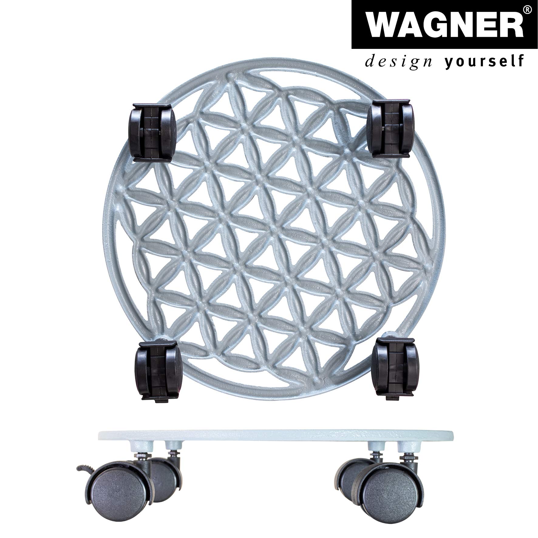 WAGNER Support à roulettes pour pot de fleur FLEUR DE VIE Ø 29 x 6,5 cm I Pour l'intérieur + l'extérieur I Roule pot en fonte, blanc papyrus I 2 freins I Capacité de charge 50 kg- 20091901