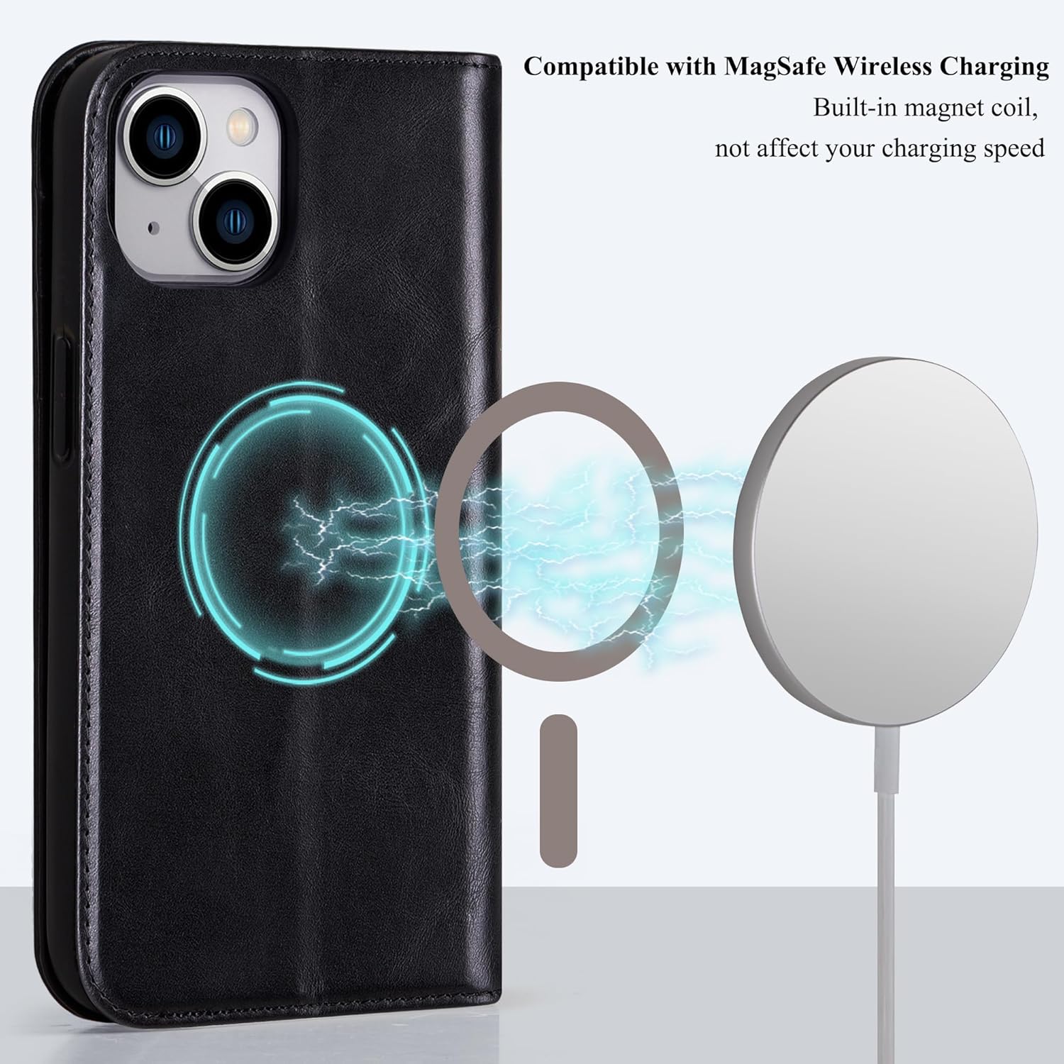 VISOUL Genuine Leather Wallet Case for iPhone 15, Magnetic Flip Case with Card Holder Kickstand Folio Cover Compatible with iPhone 15 (6.1-inch)-Black