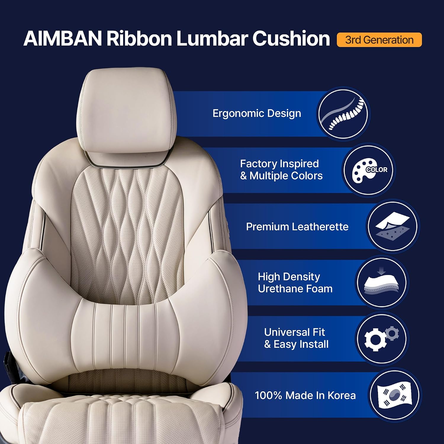 AIMBAN Car Lumbar Support Cushion for Driver Seat, Ergonomic Lower Back Pillow with Slim Side Support, Premium Leatherette, Universal Fit, Easy Band Installation (Vanilla Beige)