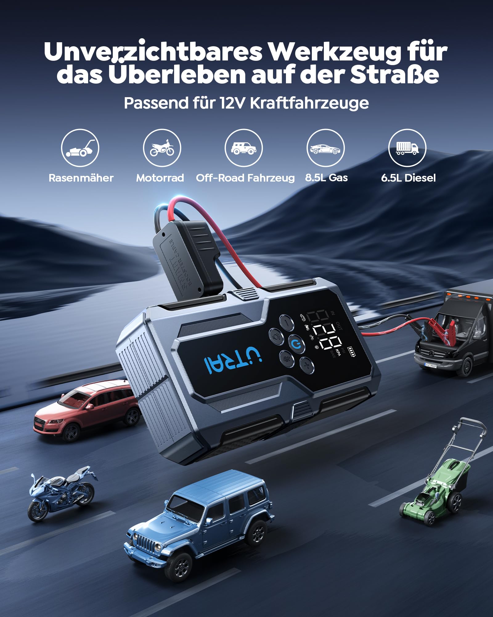 UTRAI Starthilfe Powerbank für Pkw 4500A, 15000mAh Booster Auto Starthilfe mit Kompressor, 18W Schnellladung, Taschenlampe, Zwangsstart, Jump Starter Bis zu 8.5L Benzin, 6.5L Dieselmotor