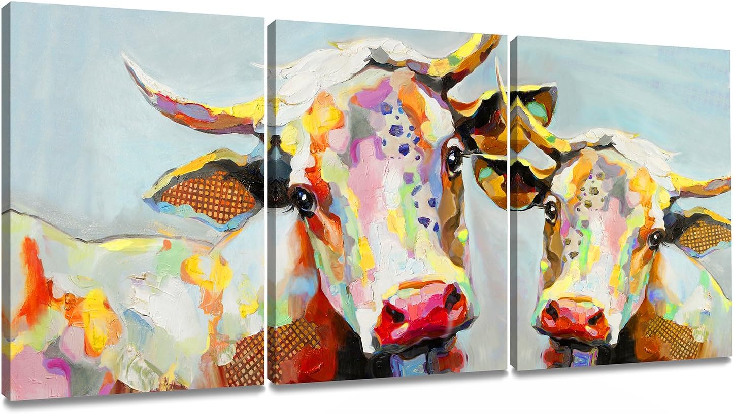 Decor MI Cow Wall Art Colorful Cute Cow Print Painting on Canvas Wall Artwork Animal Wall Art Stretched and Framed Cow Pictures Wall Decor for Living Room Children Bedroom Kitchen 12''x16'' 3 Piece