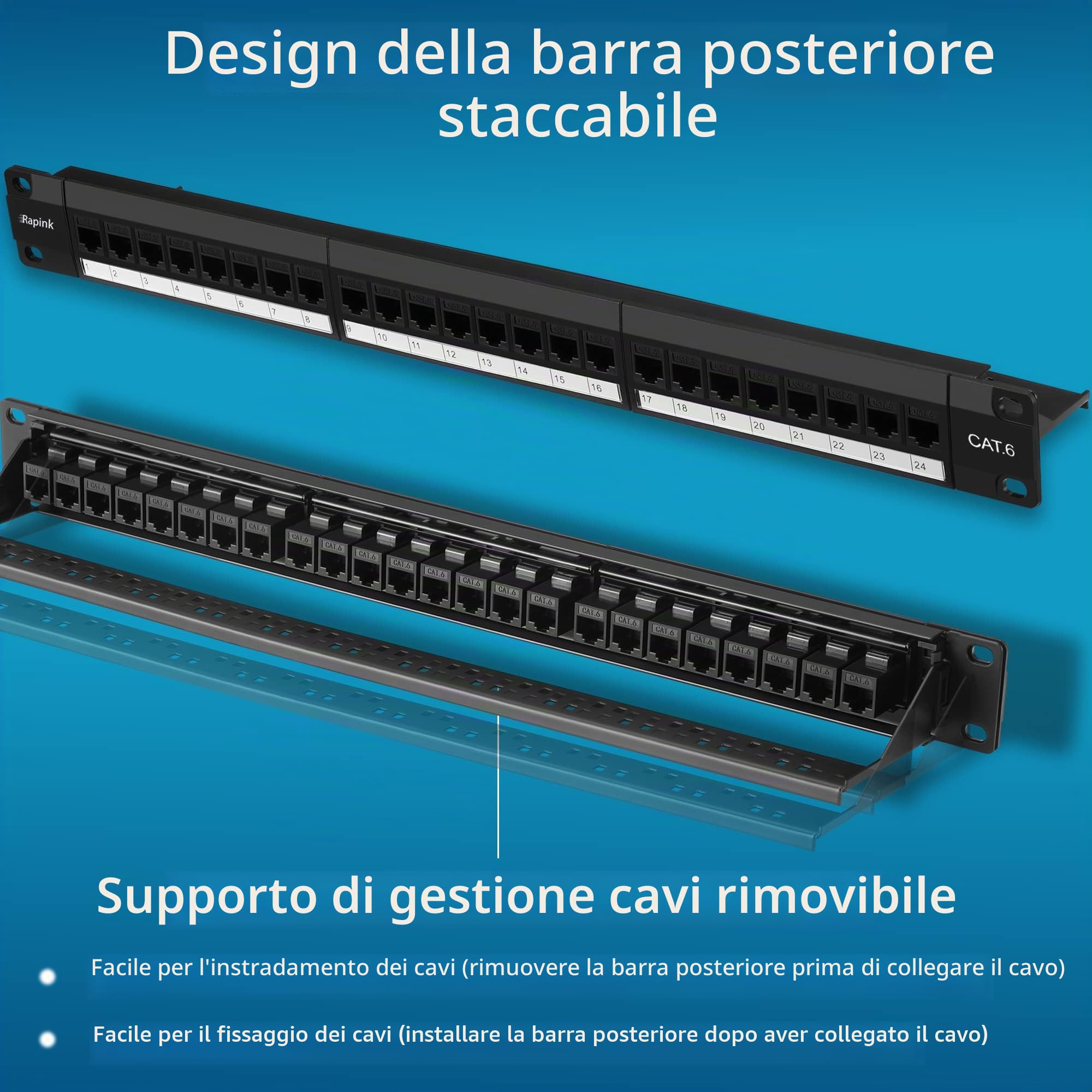 Rapink Patch Panel Cat6 a 24 porte con supporto Keystone in linea 10G, pannello patch PassThru accoppiatore UTP da 19 pollici con barra posteriore rimovibile, pannello patch di rete 1U per cablaggio