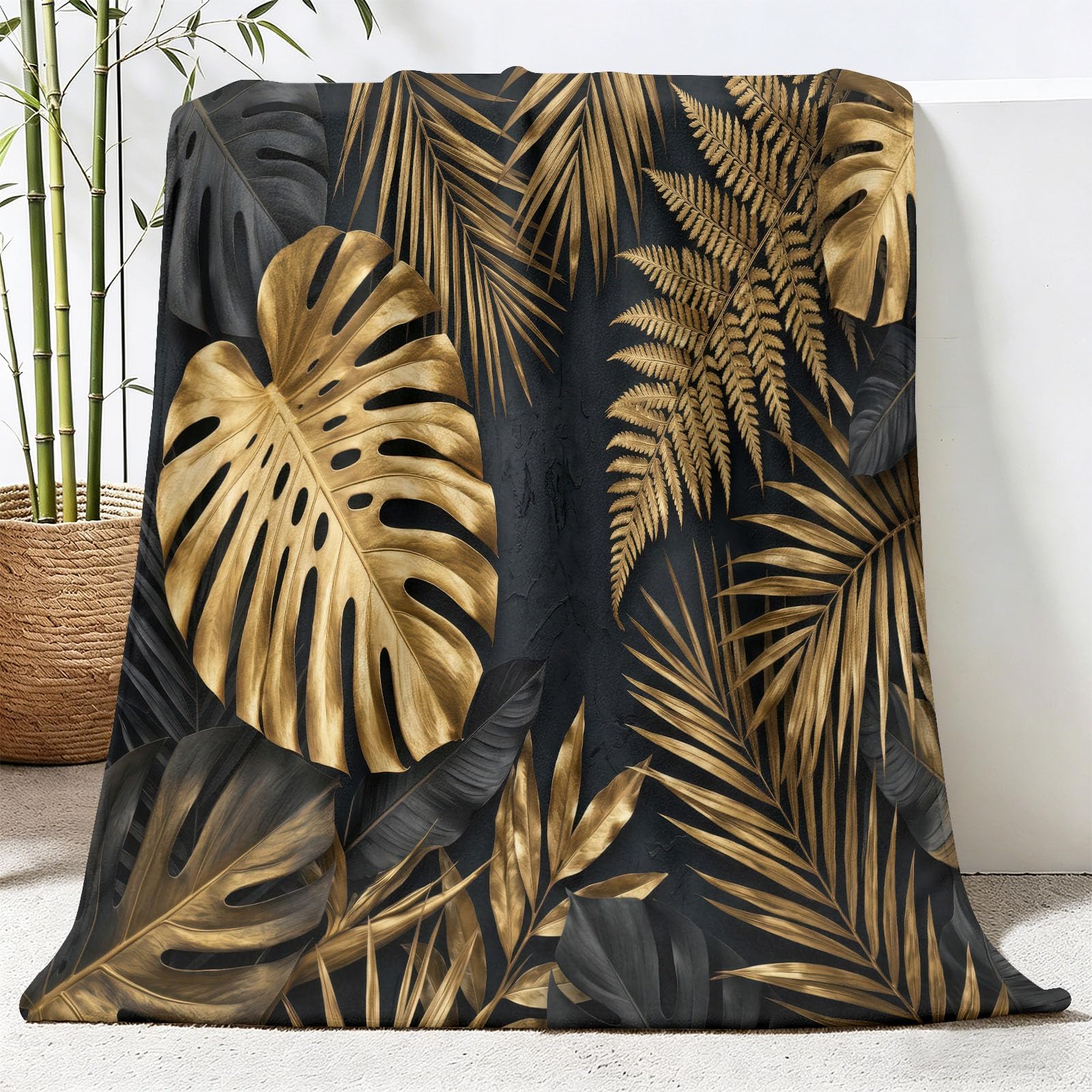 Przytulny koc 150 x 200 cm, tropikalna dżungla, koc flanelowy, nadaje się dla nastolatków, chłopców dziewczynek, miękki, nadaje się do prania, luksusowy, metalowy, liść monstery, koc na sofę, kanapę
