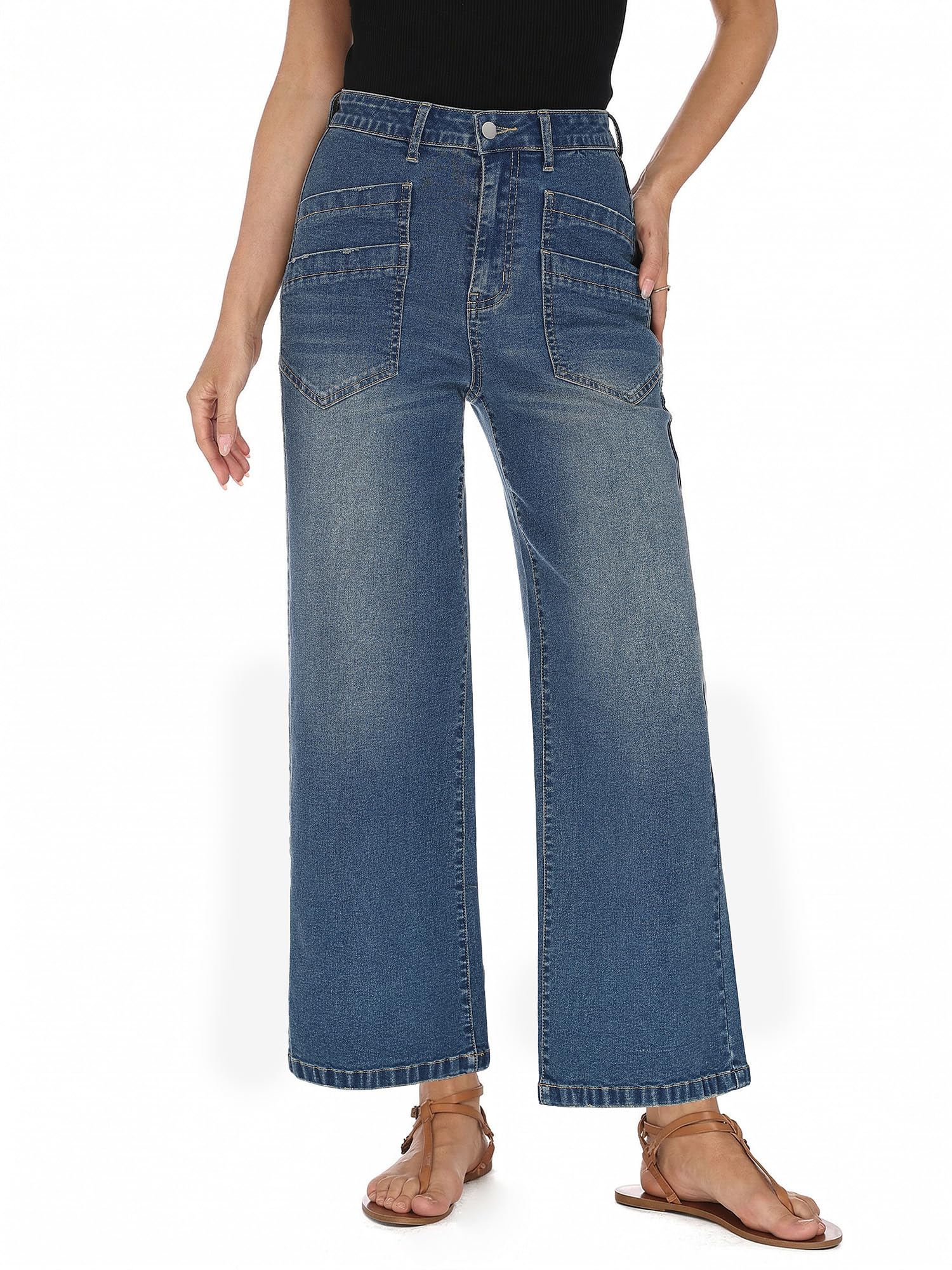 StylSense Baggy Jeans Damen High Waist Weites Bein Stretch Y2K Hosen Damen Wide Leg 7/8 Jeanshose Gerades Bein