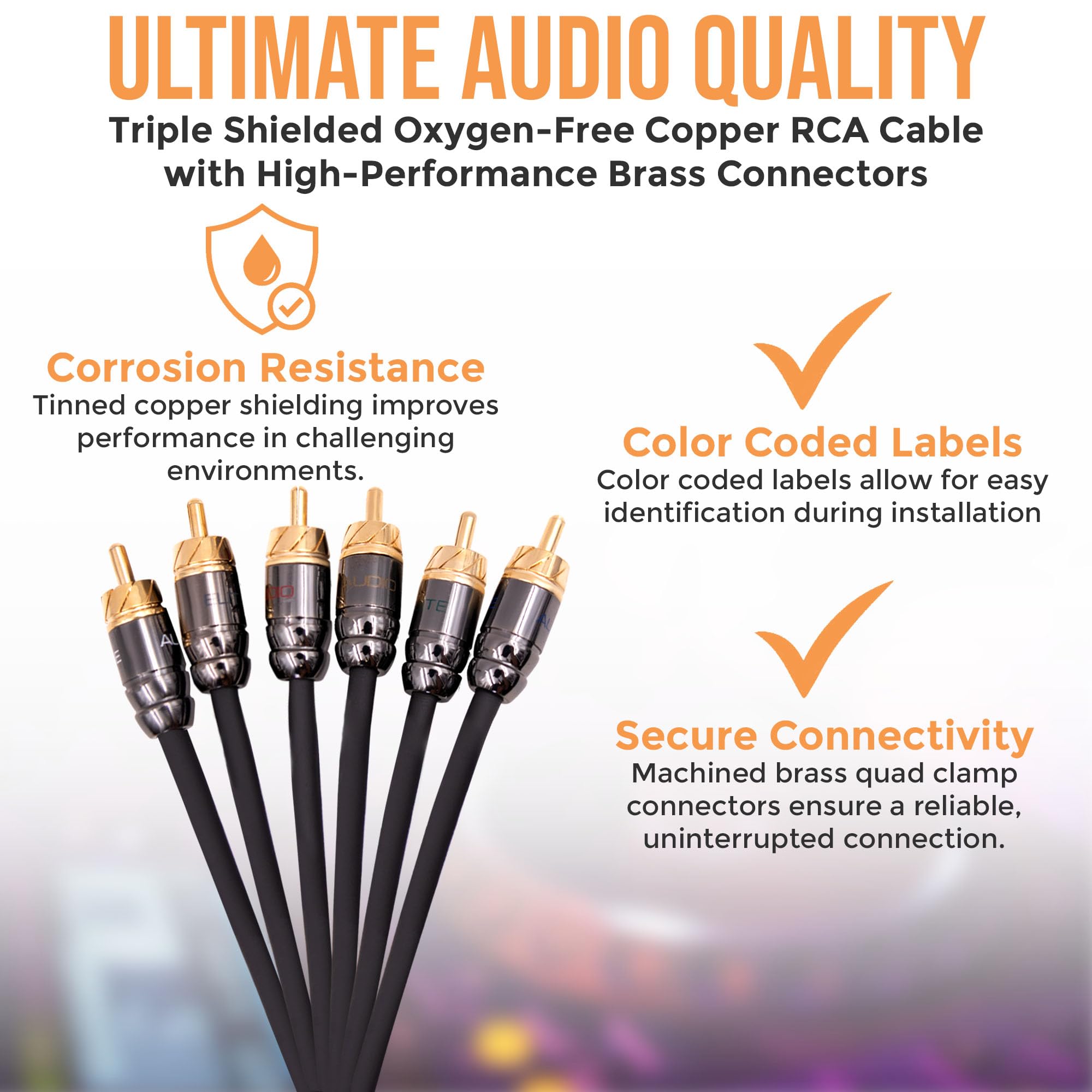 Elite Audio PRO 100% rame OFC 6 canali RCA Cavo di interconnessione audio stereo con tripla schermatura, connettori in rame a morsetto quadruplo e filo di rame per la migliore cancellazione del rumore