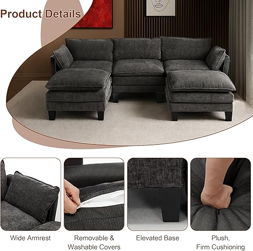 Miniatura 5 de Sofá modular de 111 pulgadas en forma de L con sofá otomano de felpilla con almohada para sala de estar, dormitorio y apartamento, 5 asientos, color