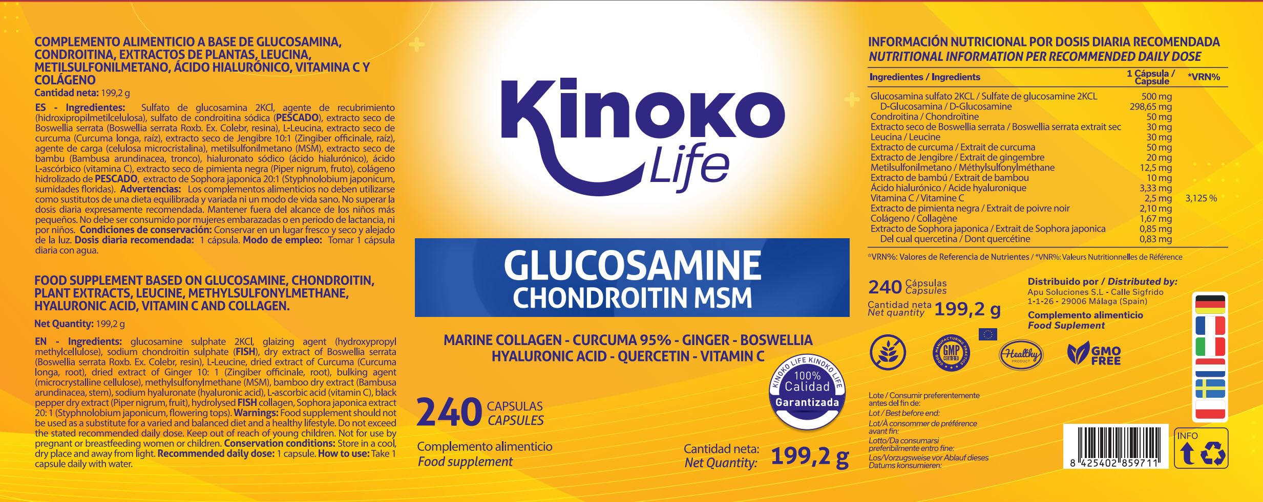 Glukozamina i Chondroityna - 240 kapsułek z MSM, kolagenem morskim, kwasem hialuronowym, kurkumą, czarnym pieprzem, imbirem, boswellią i kwercetyną. Na stawy, chrząstki i kości