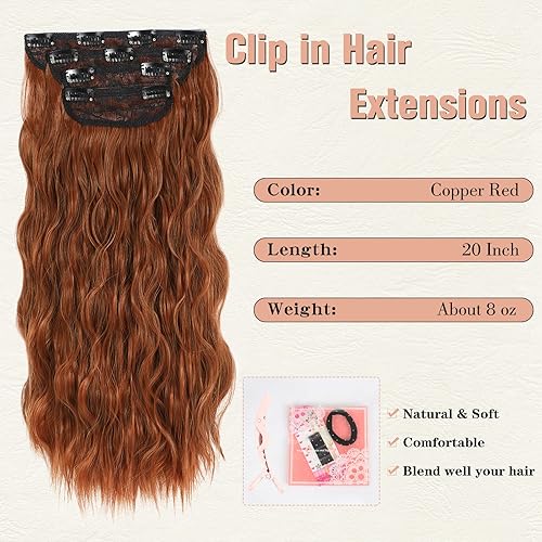 Miniatura 3 de Extensiones de cabello con clip, 20 pulgadas, extensiones de cabello rojo cobre para mujer, 4 piezas, extensiones de cabello rizado con clip,