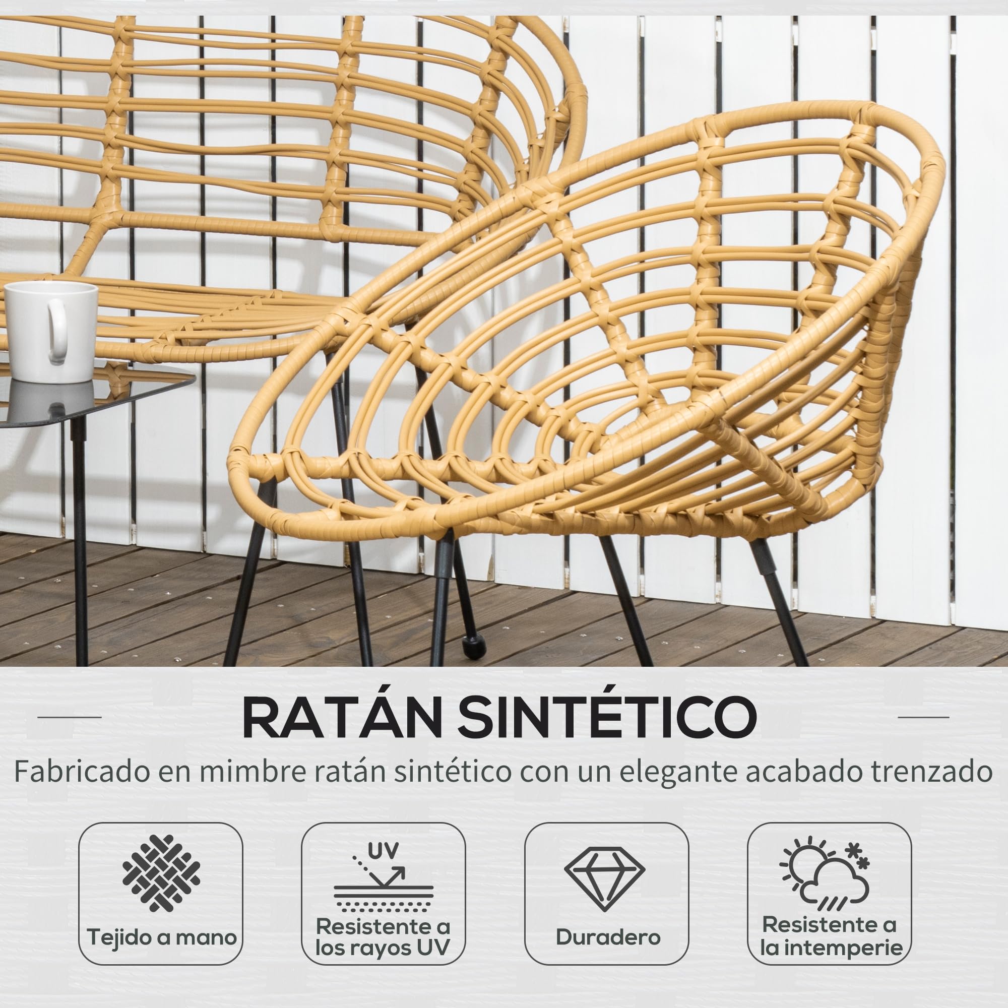 Outsunny Conjunto de Jardín Exterior de Ratán Sintético de 4 Piezas Muebles de Jardín Exterior Incluye 1 Sofá Doble 2 Sillones y Mesa de Vidrio con Cojines Natural y Negro