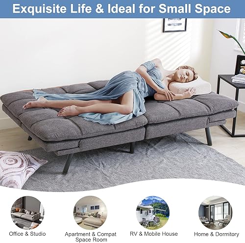 Miniatura 6 de MUUEGM Sofá cama futón, futón de espuma viscoelástica, moderno sofá convertible de piel sintética con reposabrazos y respaldos ajustables para