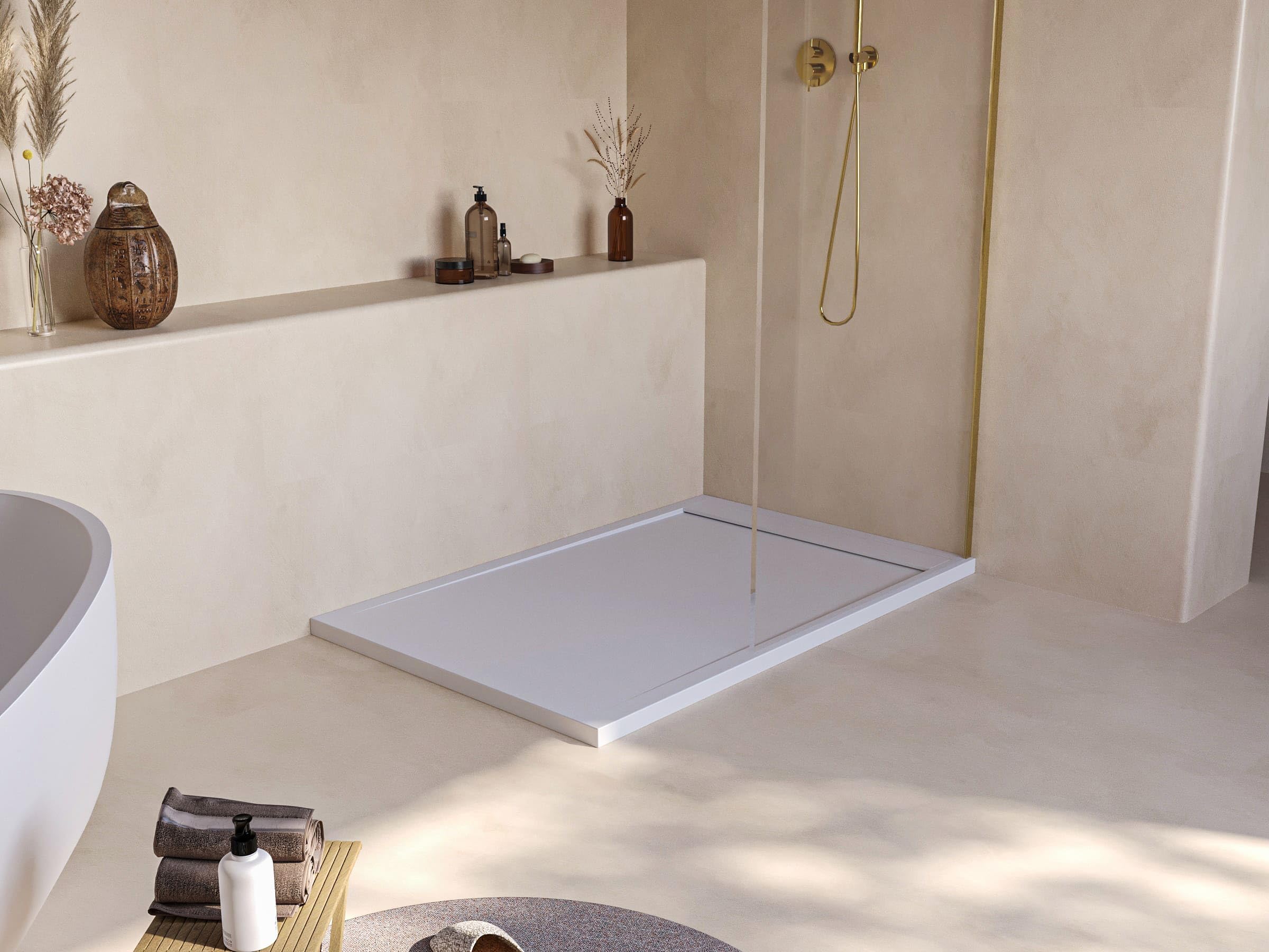 SoulHome Plato de Ducha Resina Blanco 160x90 Diseño Minimalista | Antideslizante C3, Extraplano, Resina y carga mineral, Textura Liso Piedra, Antibacteriano, Gel-coat, Incluye válvula desagüe