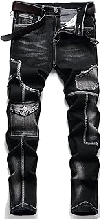 Jeans de mezclilla para hombre estilo motociclista, lavados, desgastados, ajustados y rectos