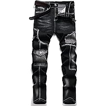 Men's Biker Moto Washed Distressed Slim Fit Straight Jeans Denim