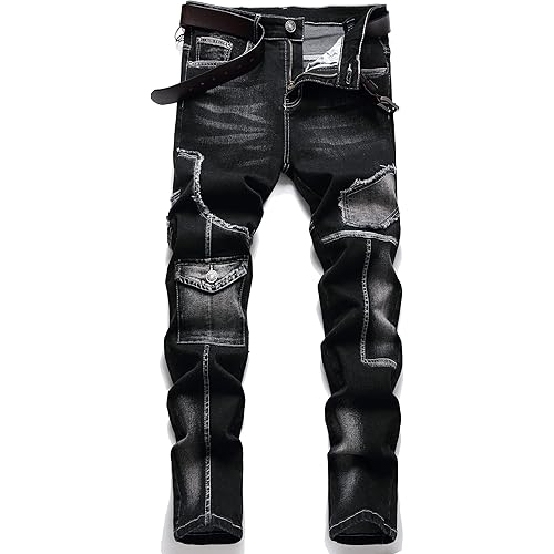 XIMXIMMTIAN Men's Biker Moto Washed Distressed Slim Fit Straight Jeans Denim