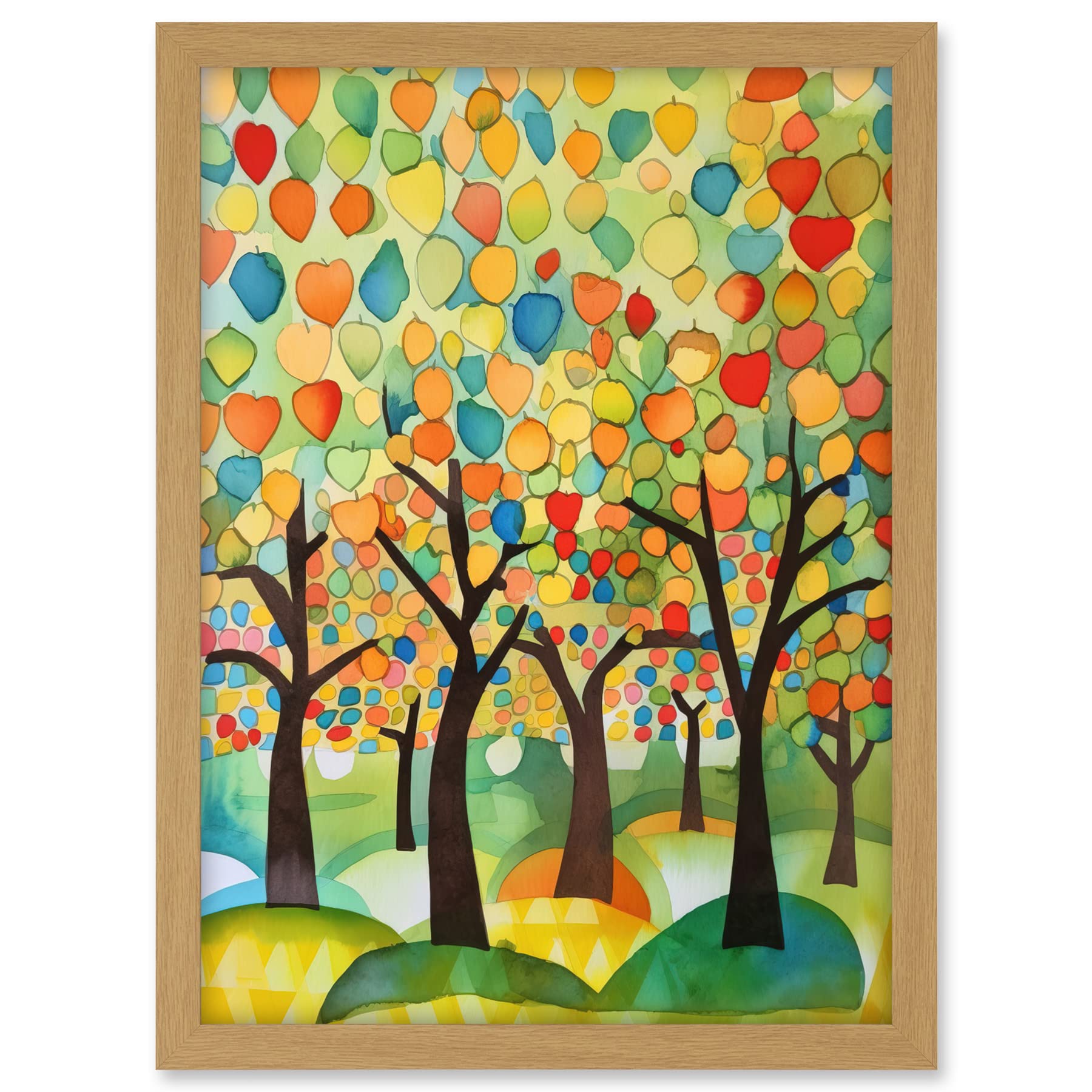 Artery8 Apple Tree Orchard Abstract Folk Art Landscape Watercolour Painting Artwork Framed A3 Wall Art Print