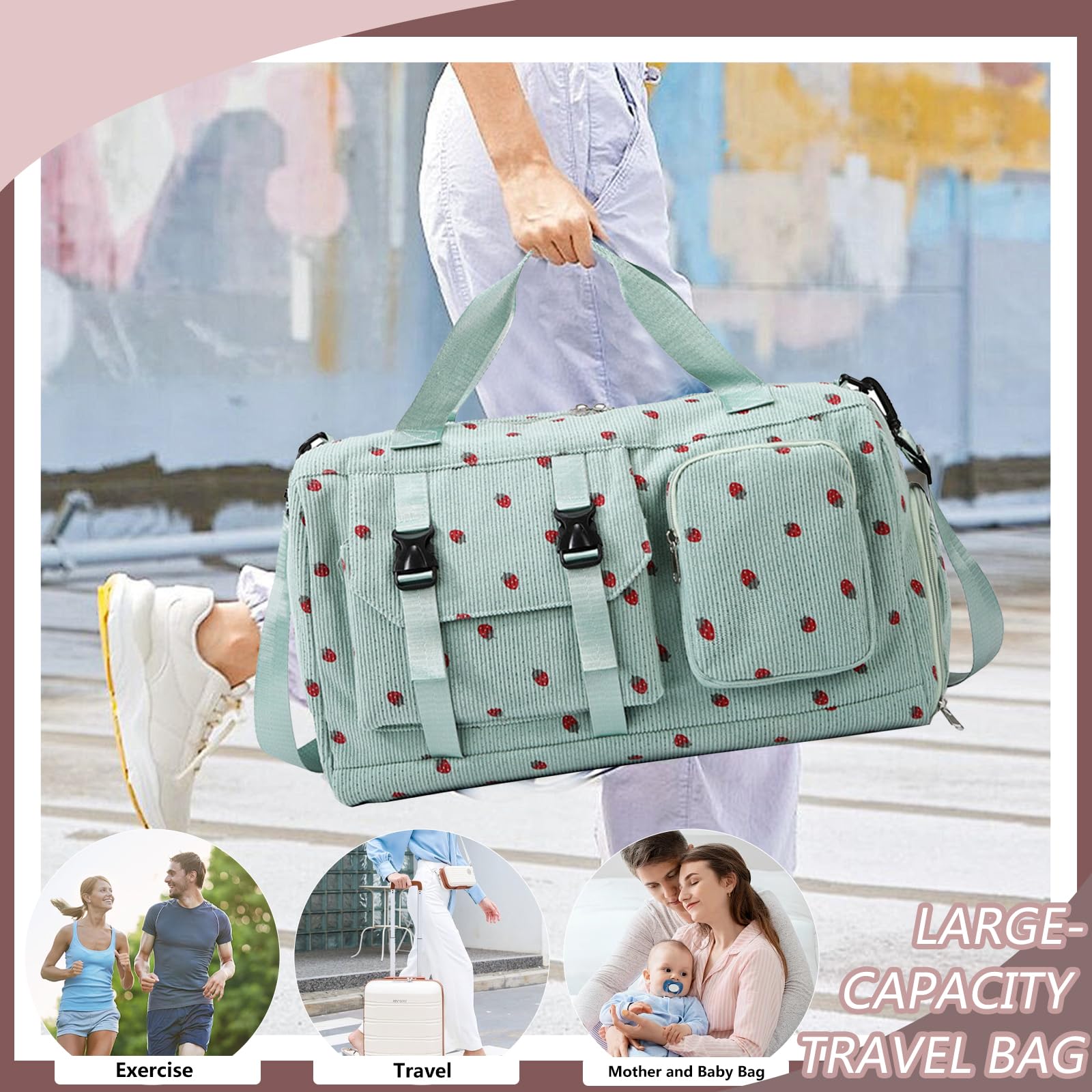 Bolsa de Deporte para Mujer, Pana Fresa Sporttasche con Compartimento para Zapatos, Compartimento y Billetera Pequeña para Mojados, Bolsa de Viaje für Viajar, Fitness, Deporte, 46x24x26 cm — view 7
