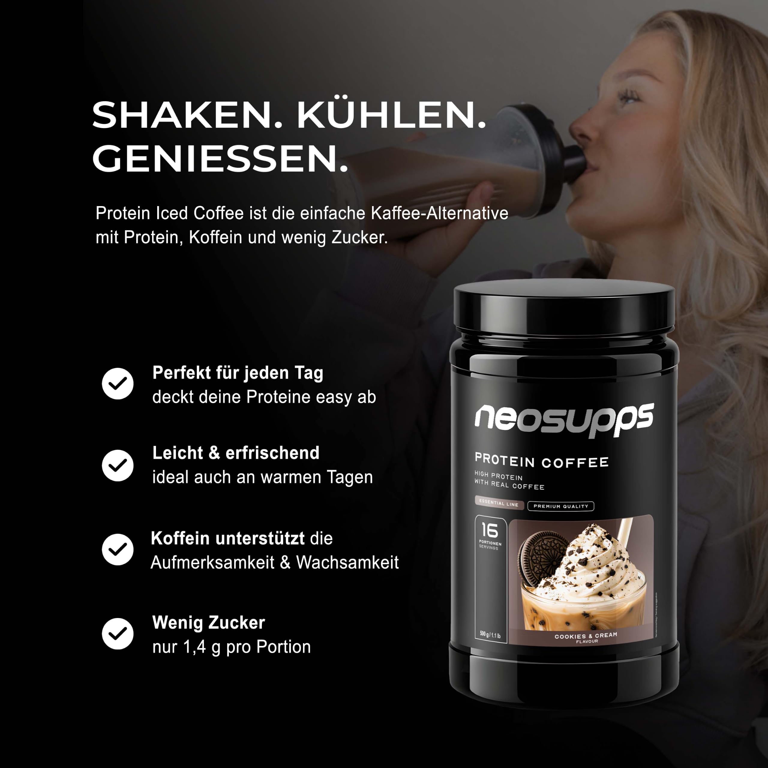 NEOSUPPS Protein Coffee Cookies & Cream 500g, Eiweißkaffee mit 20g Molkenprotein & 80mg Koffein pro Portion, Low Sugar Protein Drink mit echtem Kaffee & Cookie-Stückchen