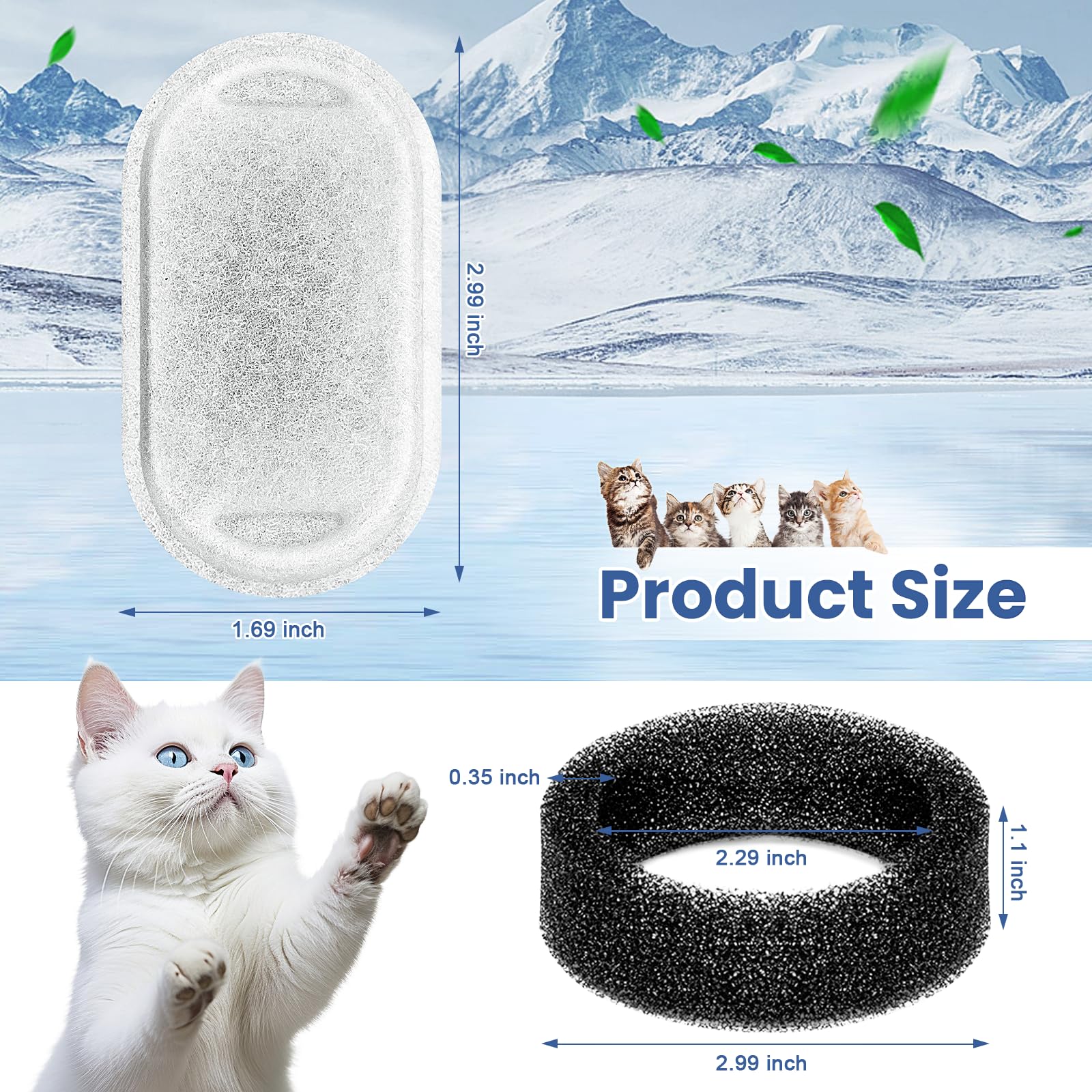 Cat Water Fountain Filters Replacement, 16 Pcs Pet Water Fountain Filter with 16 Pcs Foam Sponges for 67oz/2L & 108oz/3.2L Stainless Steel Pet Cat Water Fountain Dispenser Filters - image 3