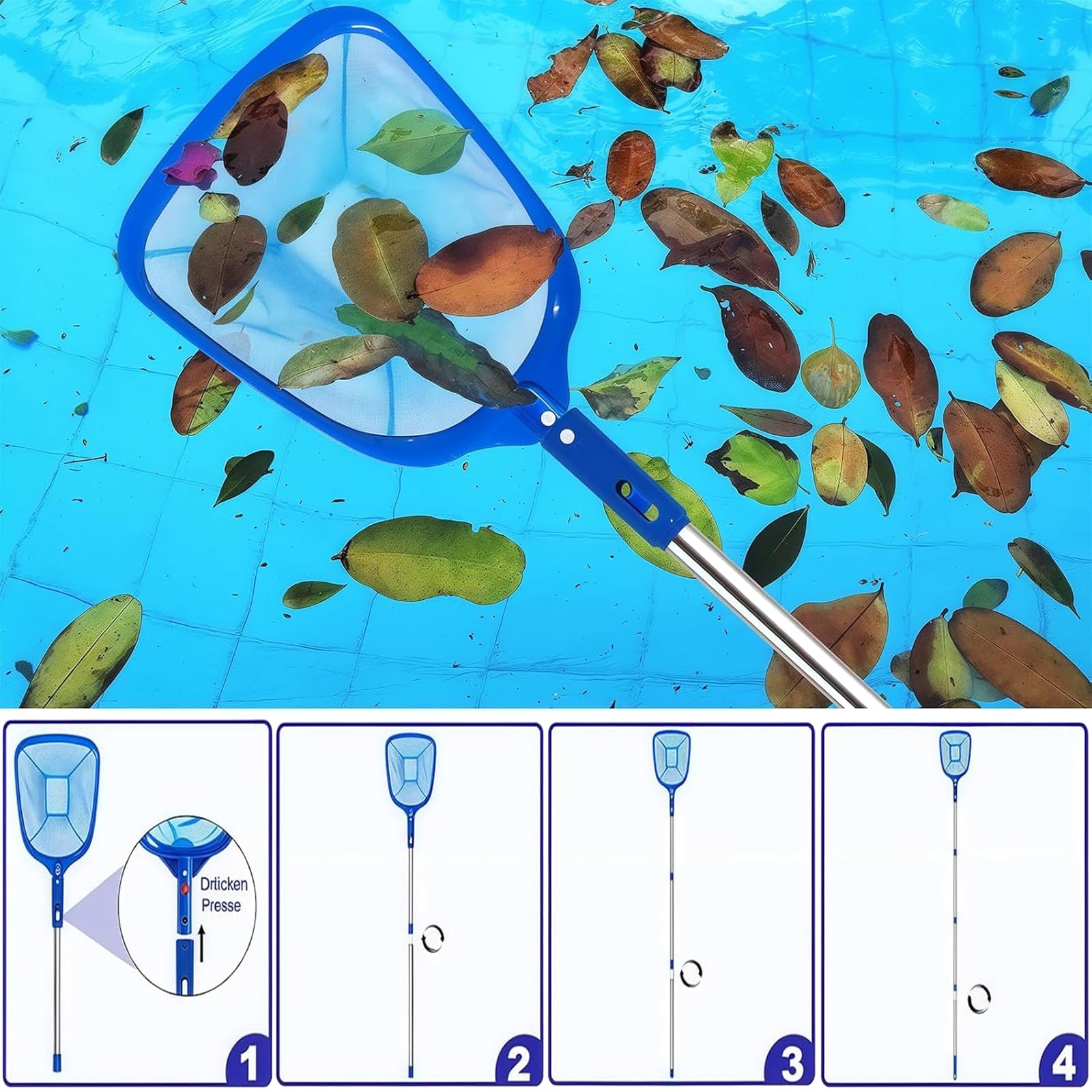 Épuisette Piscine, Épuisette Piscine Fond avec Télescopique Robuste de 140cm pour Bassin,Filet de Nettoyage Piscine, Piscine, Spa, Filet de Piscine