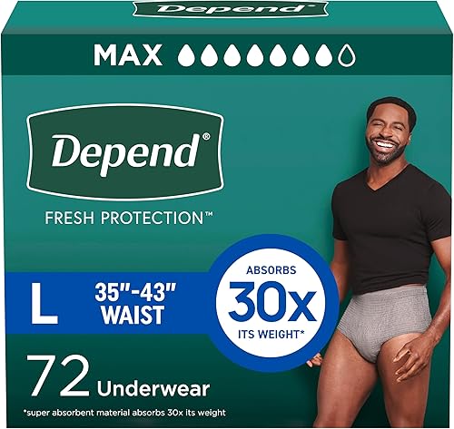 Depend Fresh Protection Pañales para adultos, ropa interior para incontinencia para hombres, desechables, máximo, grande, gris, 72 unidades (2 paquetes de 36), el embalaje puede variar