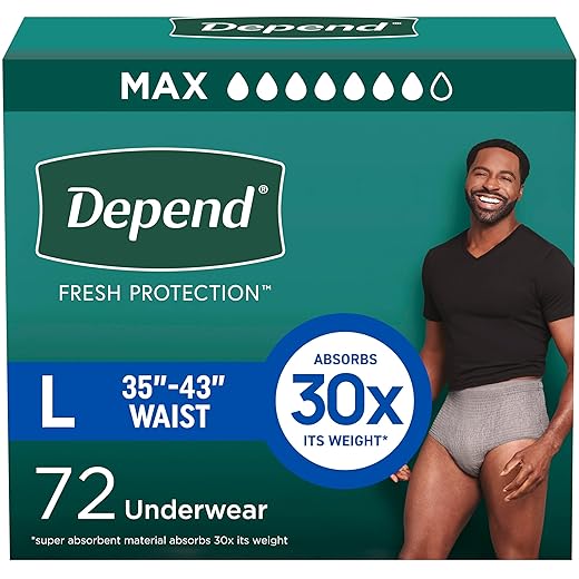 Depend Fresh Protection Adult Incontinence Underwear for Men (Formerly Depend Fit-Flex), Disposable, Maximum, Large, Grey, 72 Count (2 Packs of 36), Packaging May Vary