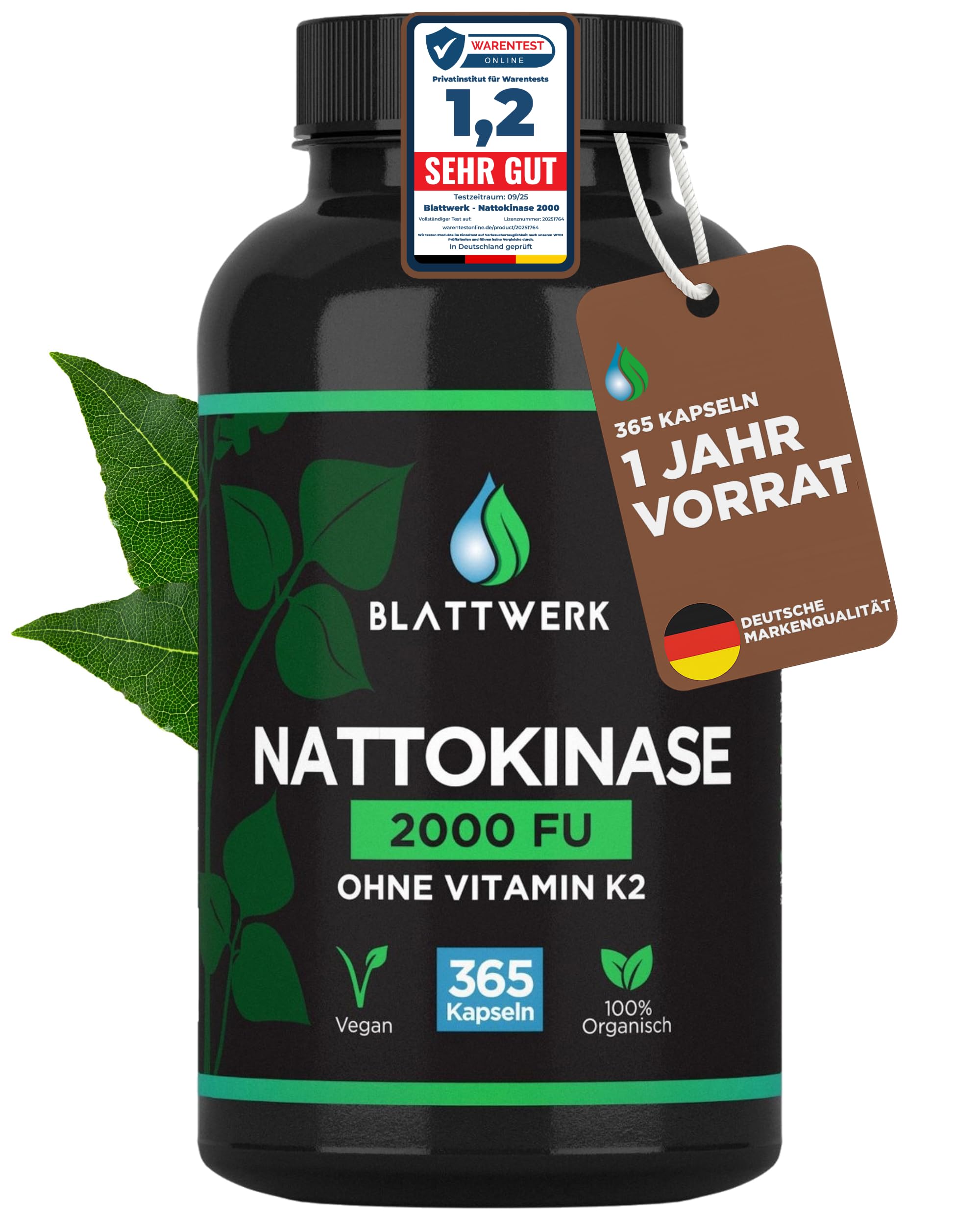 Nattokinase 2000 FU - JAHRESVORRAT - 365 Nattokinase Kapseln je 100mg (20.000 FU/g) - Deutsche Qualitätsmarke - Nattokinase hochdosiert - Natto aus Soja - 100% Vegan - Laborgeprüft - BLATTWERK