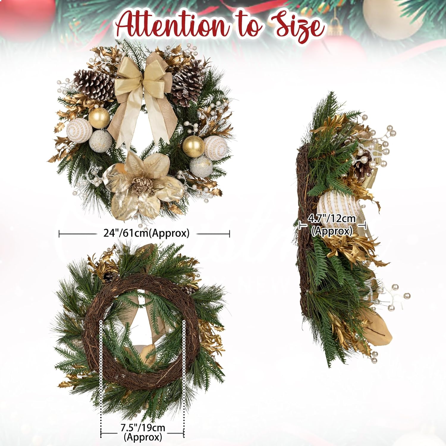 24” Champagne Christmas Wreaths for Front Door with Magnolia Fake Pearl, Christmas Door Wreath with Bow Golden Balls, Pine Needles Pine Cones for Home Wall Window Indoor Outdoor Xmas & Holiday Decor - Image 2