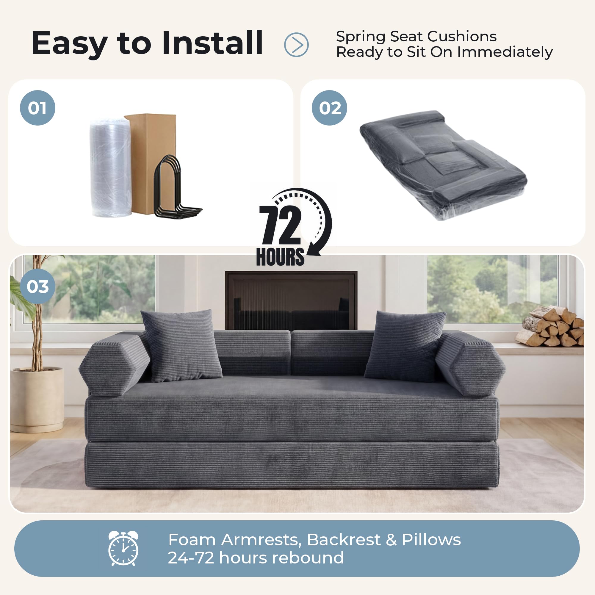 79" Boneless Couch, Convertible Futon Sofa Bed, Corduroy Sleeper Sofa | Mattress-Grade Pocket Spring Core, Floor Couch for Living Room, Bedroom, Apartment & Guest Room, Dark Gray