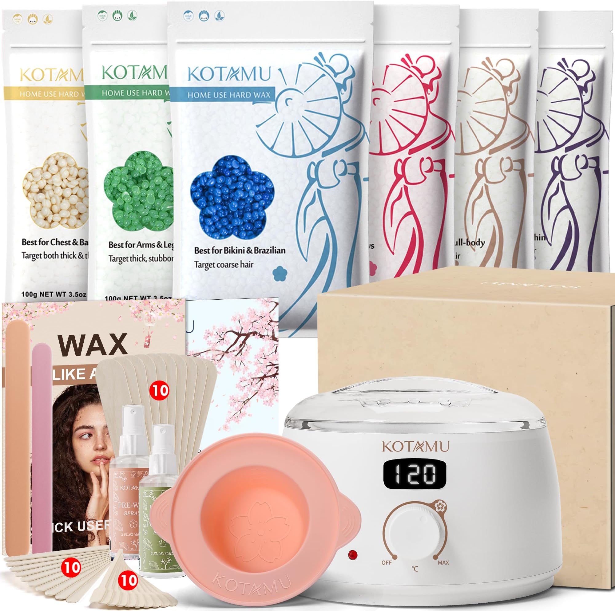 Waxing Kit for Women & Men, Professional Wax Kit for Hair Removal, Digital Wax Pot for Thick Coarse Fine Fuzzy Hair & Sensitive Skin, White Waxing Warmer with 44 Accessories for Home Salon Use