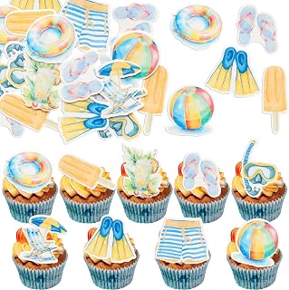 Gyufise 54Pcs Edible Summer Beach Cupcake Toppers Wafer Paper Ball Sun Umbrella Slippers Cupcake Picks Hawaiian Cake Decorations for Summer Pool Themed Party Decor Dark Blue