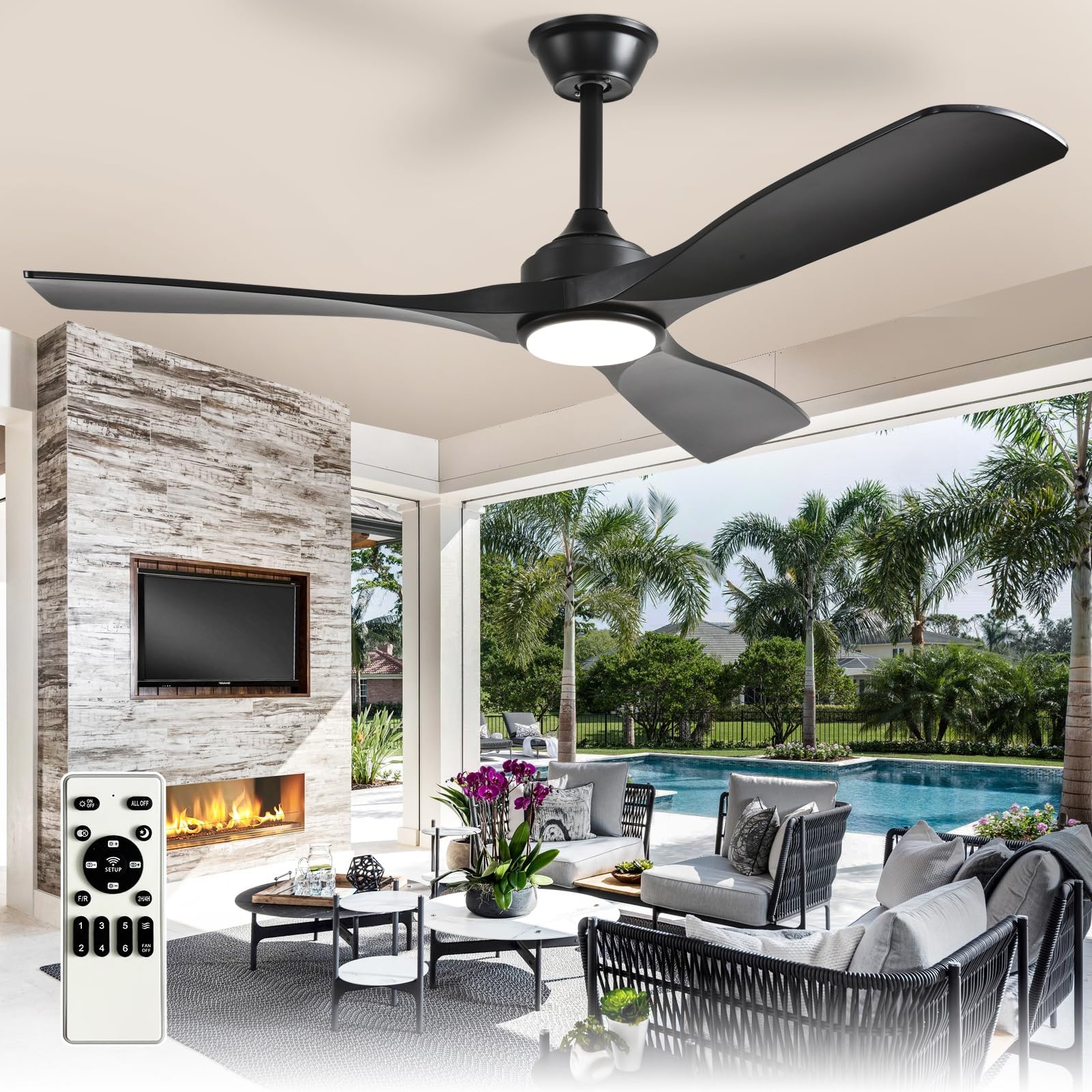 outdoor ceiling fan with light: 52 inch 3 blade outdoor fans for patios - modern black ceiling fan with dimmable light remote control ultra quiet reversible dc motor timer