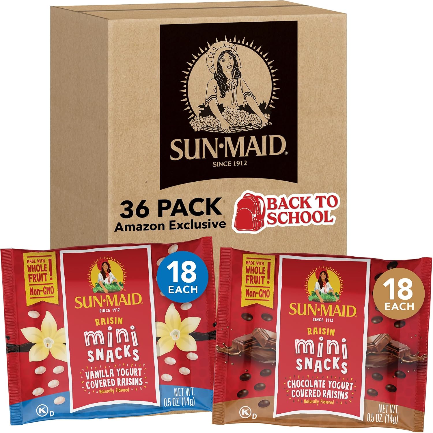 Sun-Maid Vanilla & Chocolate Yogurt Coated Raisins Variety Pack - (36 Pack) 0.5 oz Mini Snack-Size Bag - Yogurt Covered Dried Fruit Snacks (Amazon Exclusive)