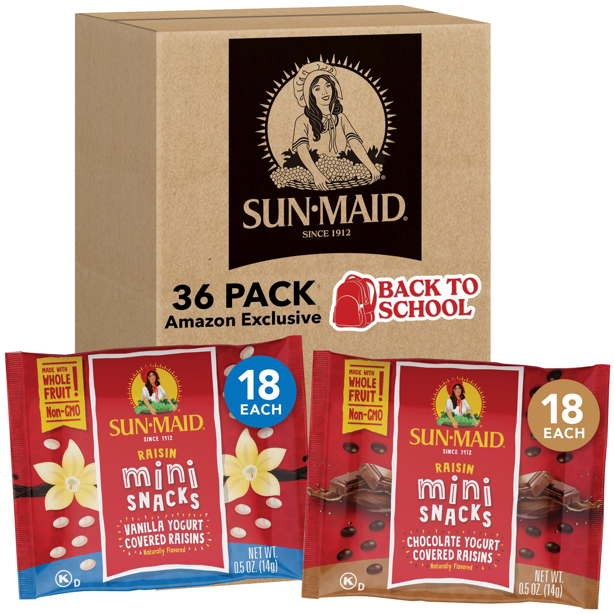 Sun-Maid Vanilla & Chocolate Yogurt Coated Raisins Variety Pack - (36 Pack) 0.5 oz Mini Snack-Size Bag - Yogurt Covered Dried Fruit Snacks (Amazon Exclusive)