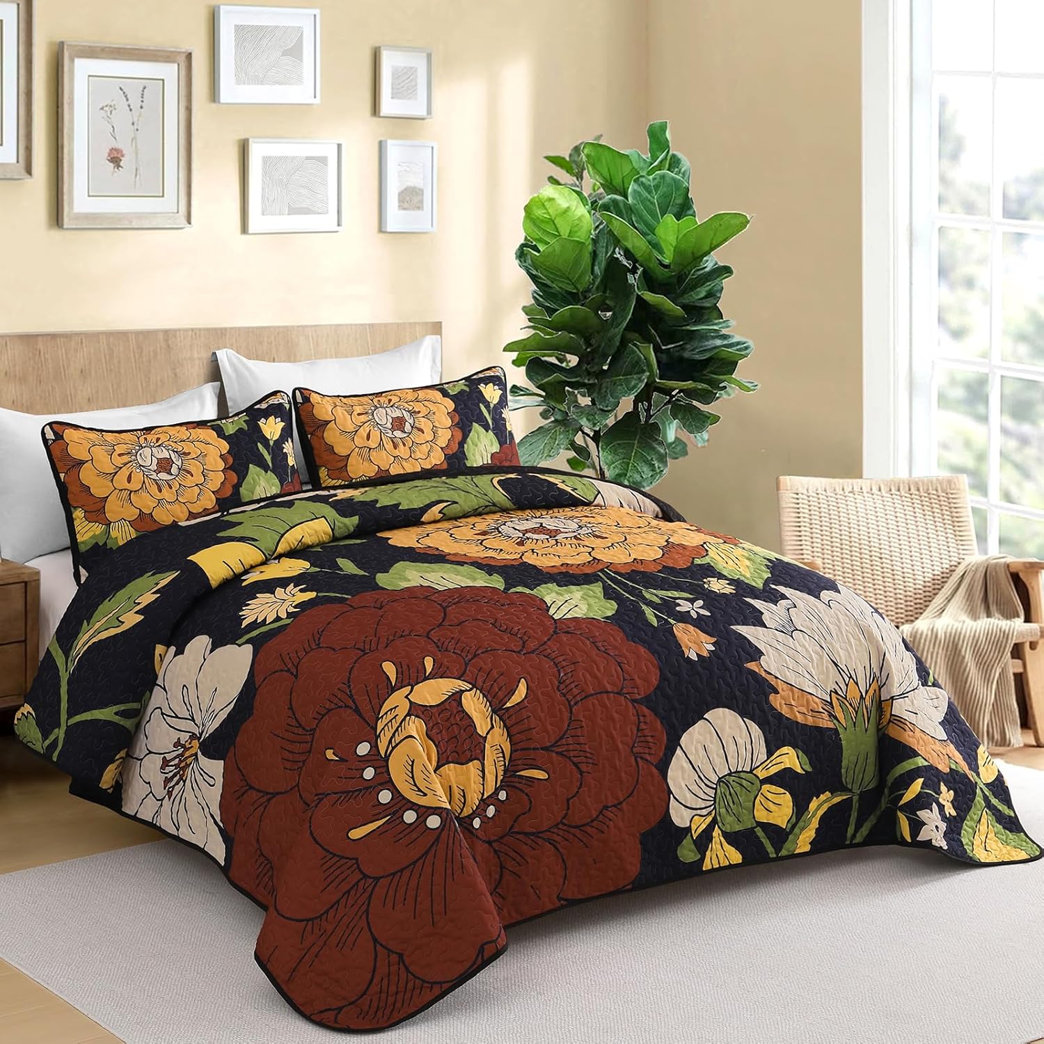 Floral Quilt Set California King Size Black Boho Bedspread Coverlet Set, 3 Piece Botanical Quilt Soft Microfiber Farmhouse Floral Bohemian Bedding Set with 2 Pillowcases for All Season, 112''x96'' - Image 2