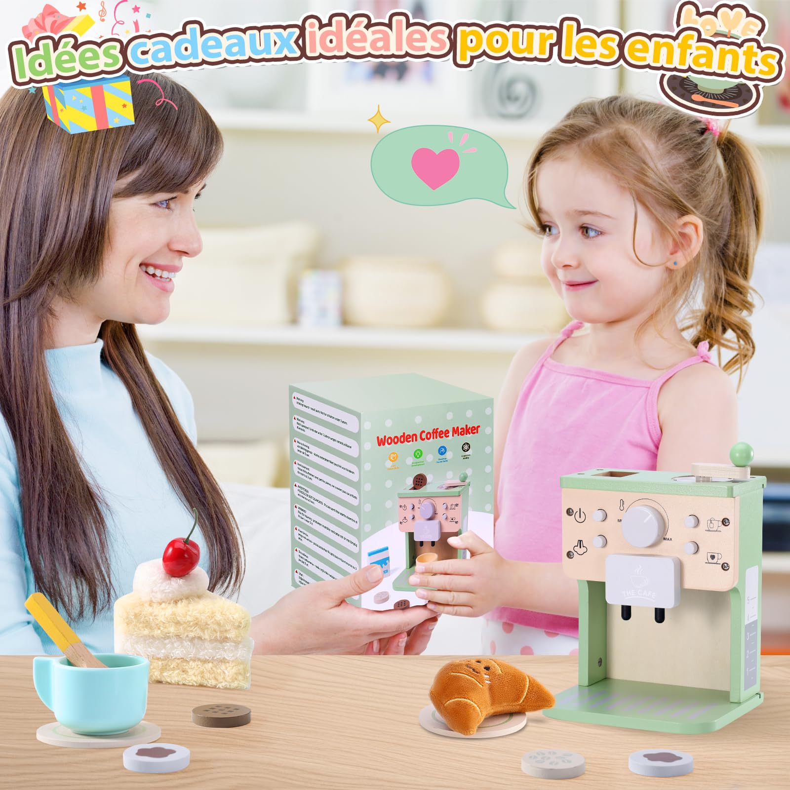 VBACALA Cafetière en Bois pour Enfants avec Son et Boutons,Cuisine en Bois pour Enfants avec Tissu Gâteau et Croissant,Jouets Educatifs Jeux de Rôle Montessori,Jeux de Cuisine,Cadeaux pour Garçons et